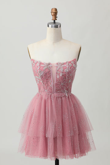 Dusty Rose A-Line Strapless Tiered Tulle Short Homecoming Dress with Beading